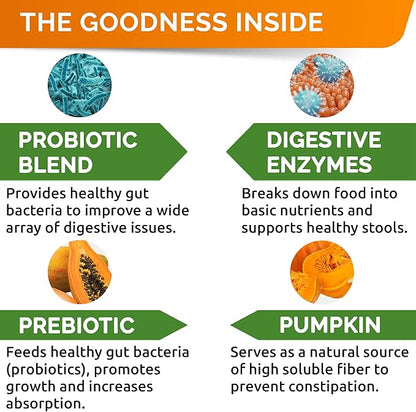 STRELLALAB Vet Strength Dog Probiotics Treats - 1 Billion CFU + Digestive Enzymes + Prebiotics - Chewable Fiber Supplement w/Pumpkin - Allergy, Diarrhea, Gas, Constipation, Upset Stomach Relief