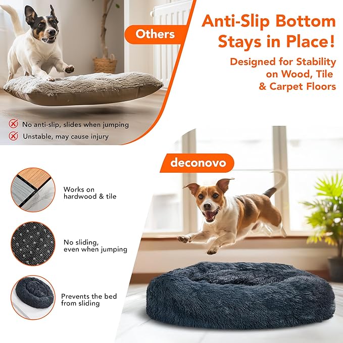 Deconovo Calming Donut Dog Bed, Washable Plush Round Pet Bed for Small Dogs & Cats with Raised Rim, Non-Slip Base and Soft Faux Fur—Lightweight, Easy-Care Design Dark Grey 37" L x 37" W x 8" Th