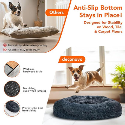 Deconovo Calming Donut Dog Bed, Washable Plush Round Pet Bed for Small Dogs & Cats with Raised Rim, Non-Slip Base and Soft Faux Fur—Lightweight, Easy-Care Design Dark Grey 37" L x 37" W x 8" Th