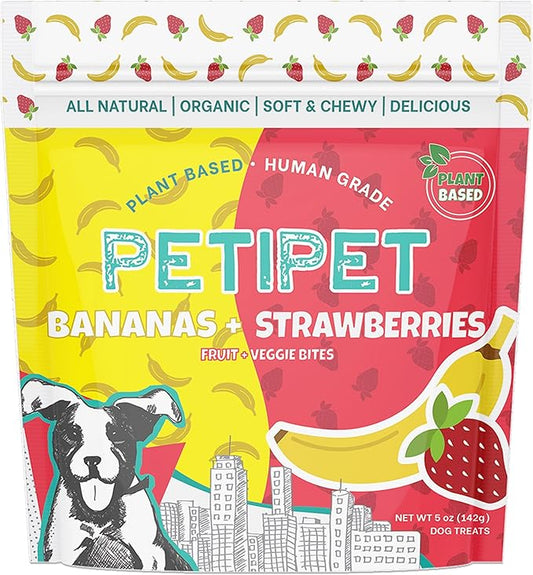 Bananas+Strawberries Plant-Based Fruit Dog Treats - Strawberry, Apple, Banana Soft & Chewy Treats - Healthy, Vegetarian, Vegan - Organic Ingredients, Low-Protein, Hypoallergenic, Gluten-Free