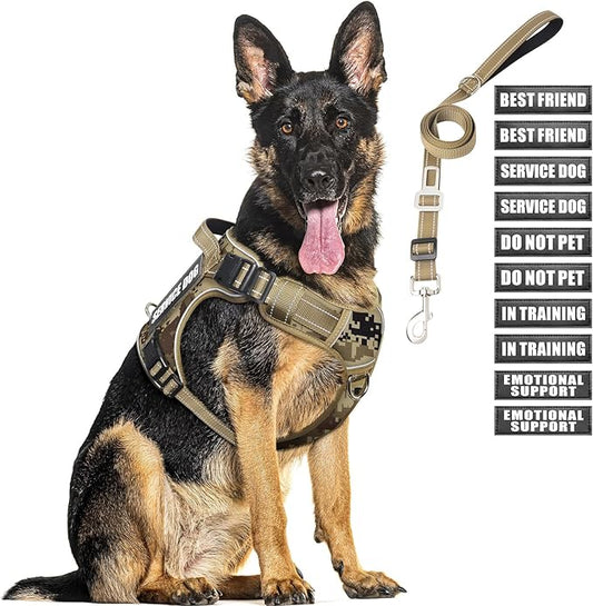 Tactical Dog Harness and Leash Set for Large Dogs,Heavy Duty No Pull Service Dog Vest and 10 Patches with Dog Seat Belt,Reflective Adjustable Pet Harness for Training Walking Hiking Camo XL