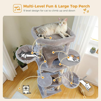 Tall Cat Tree for Indoor Cats Large Adult, 71.2" Multi-Level Cat Tower with 2 Spacious Condos, 3 Hammocks, Super Large Top Perch, 2 Pompoms, Grey