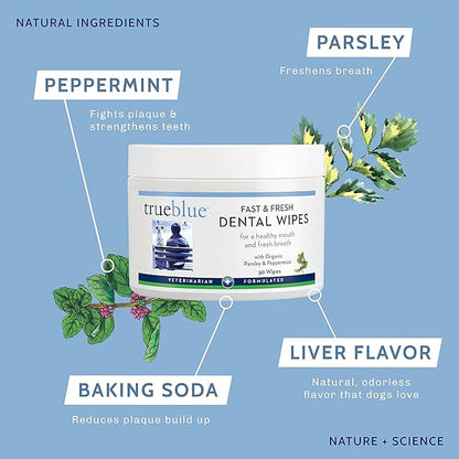 TrueBlue Parsley & Peppermint Fast and Fresh Dog Dental Wipes – Pre-Moistened Teeth Cleaning Pads - Non-Toxic, All-Natural Tooth Cleansing– 50 Count