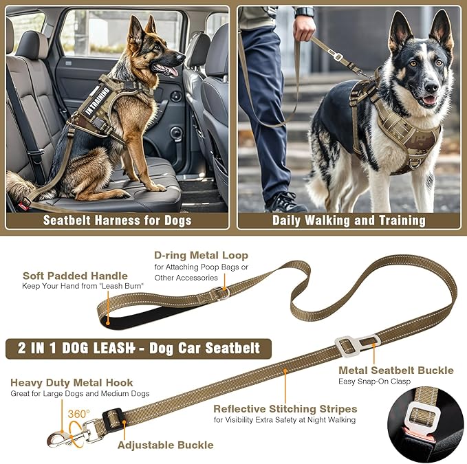 Tactical Dog Harness and Leash Set Medium Sized Dog,Heavy Duty No Pull Service Dog Vest and 10 Patches with Dog Seat Belt,Reflective Adjustable Pet Harness for Training Walking Hiking Camo M