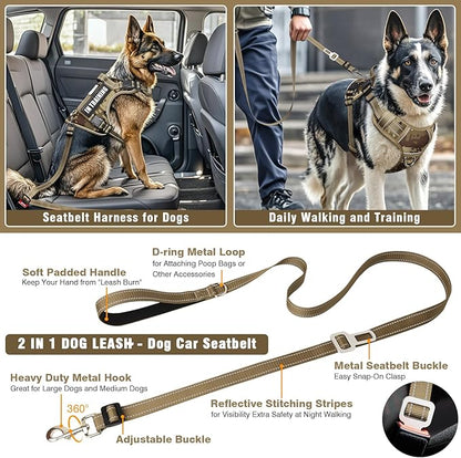 Tactical Dog Harness and Leash Set Medium Sized Dog,Heavy Duty No Pull Service Dog Vest and 10 Patches with Dog Seat Belt,Reflective Adjustable Pet Harness for Training Walking Hiking Camo M