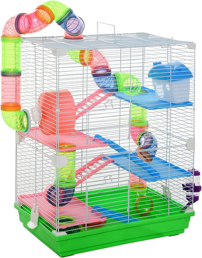 PawHut 18" 5 Tier Hamster Cage with Tubes and Tunnels, Small Animal Cage with Portable Carry Handle, Gerbil Cage with Water Bottle, Food Dish, Exercise Wheel