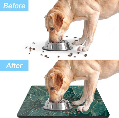 Rnivvi Dog Food Mat, 12" x 19" Flower Absorbent Dog Cat Bowl Mat for Food and Water, 3MM Anti-Slip Rubber Pet Feeding Rug Protect Floors, Puppy Placemat for Feeding & Watering Supplies, Tropical