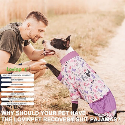 LovinPet Long Sleeve Onesie for Large Dogs, High Collar Cotton Dog Shirt, Anti-Shedding, Lightweight Stretchy Knit, Stop Shedding for Dogs, Pink Puppy Print, Shirt for under dog dresses, Pet Pj's, 3XL