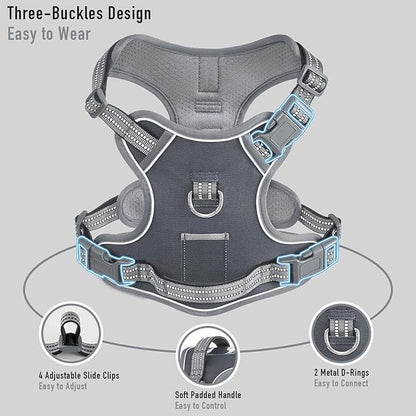Non Pulling Dog Harness for Medium Dogs, Adjustable Reflective Harness Vest with Handle, for Working Training Hiking Walking, Escape Proof Gray Pet Vest for M Sized Dog