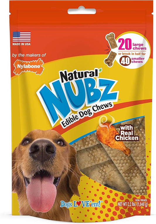 Nylabone Nubz Natural Dog Chew Treats for Large Dogs, Long Lasting Dog Bones Made in USA, Chicken Flavor Breath Freshener Dental Chews, for Dogs Up to 50 lbs. (20 Count)
