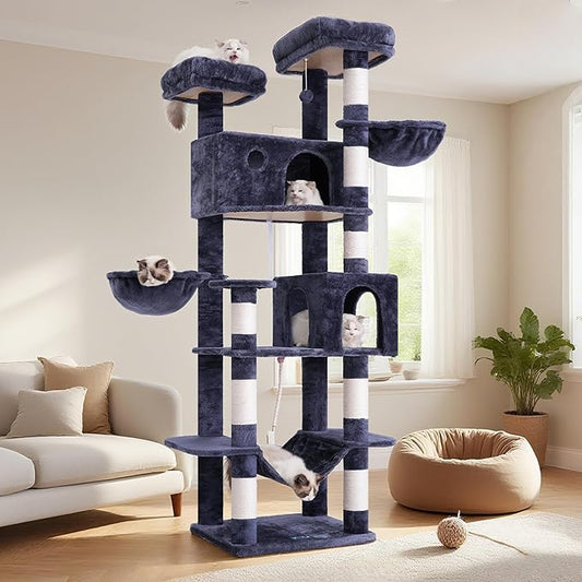 80.7''(205cm) Cat Tree for Indoor Cats, Large Cat Tower for Multi Adult Cats, Cat Tree House with Big Hammock, 2 Top Perches/Cat Condos/Baskets, 8 Scratching Posts, Smoky Gray GCT034G