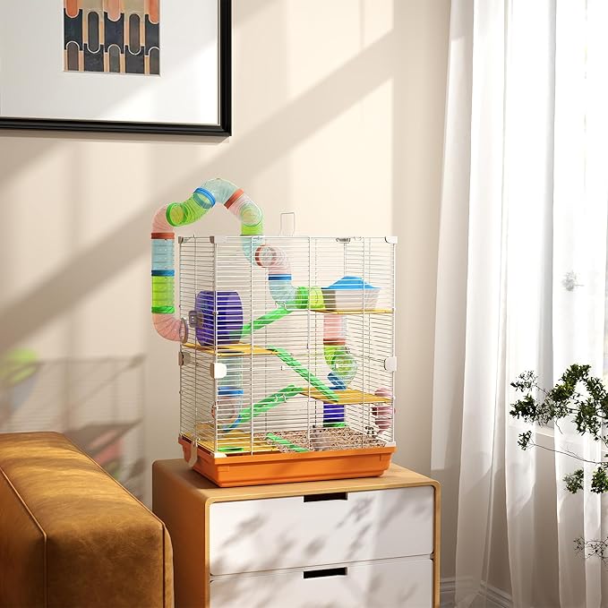 PawHut 18" 5 Tier Hamster Cage with Tubes and Tunnels, Small Animal Cage with Portable Carry Handle, Gerbil Cage with Water Bottle, Food Dish, Exercise Wheel, Orange