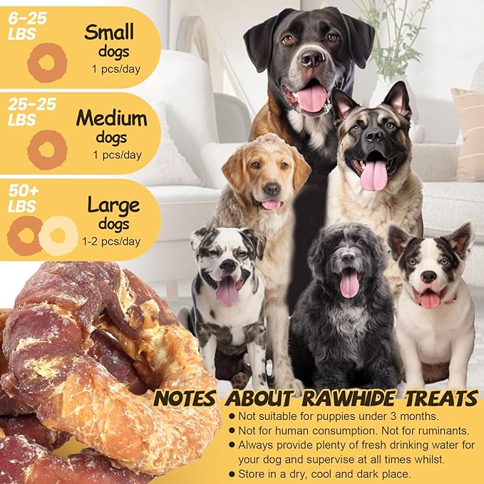 ASMPET Dog Treats Chews, Chicken & Duck Wrapped Rawhide Donuts Dental Care Chews for Small Medium Large Breed Aggressive Chewers (Pack of 4)