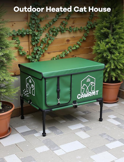 Outdoor Heated Cat House, Detachable Feral Cats House with Open Window, Weatherproof in Winter, Cat Shelter with Pet Heating Pad (Green, Medium)