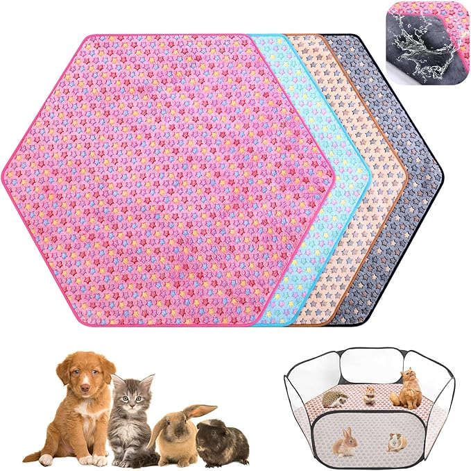 Preboun 4 Pcs 47 in Guinea Pig Playpen Pad Waterproof Hexagon Mat Reusable Dog Playpen Liner for Small Animal Rabbit Cage Tent Pee Pad Washable Yard Fence(Vivid Star)