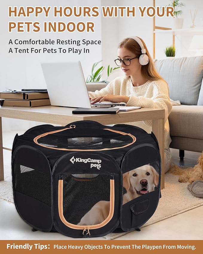 KingCamp Dog Playpen, Portable Foldable Cat Kitten Puppy Tent Crates 29"/36"/50" Pop Up Pet Playpen with Zippered Bottom & Cover for Indoor Outdoor Use (Small, Black)