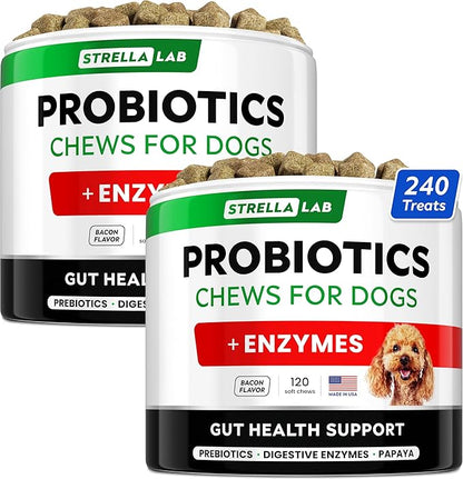 StrellaLab Dog Probiotics Treats for Picky Eaters - Digestive Enzymes + Prebiotics - Chewable Fiber Supplement - Allergy, Diarrhea, Gas, Constipation, Upset Stomach Relief - Improve Digestion&Immunit