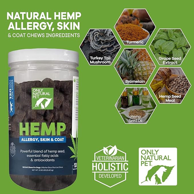 Only Natural Pet Allergy, Skin & Coat Hemp Soft Chews - Allergy Immune Bites for Dogs, Omega 3 Supplement, Hemp Oil - Calming Treats for Itchy Skin Relief, Hot Spot - (120 Count) (Al.)