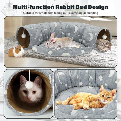 BWOGUE Bunny Tunnel Bed, 2-in-1 Collapsible Tunnel Tubes Toys with Removable Mat Hideout for Cats Kittens Rabbits Guinea Pigs Kitty