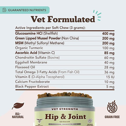 Natural Dog Company Vet Strength Hip & Joint Chews for Senior Dogs (90ct) Joint & Flexibility Support, Arthritis Relief for Senior Dogs, 1.3X Glucosamine, 2X Green Lipped Mussel & MSM for Dog Mobility