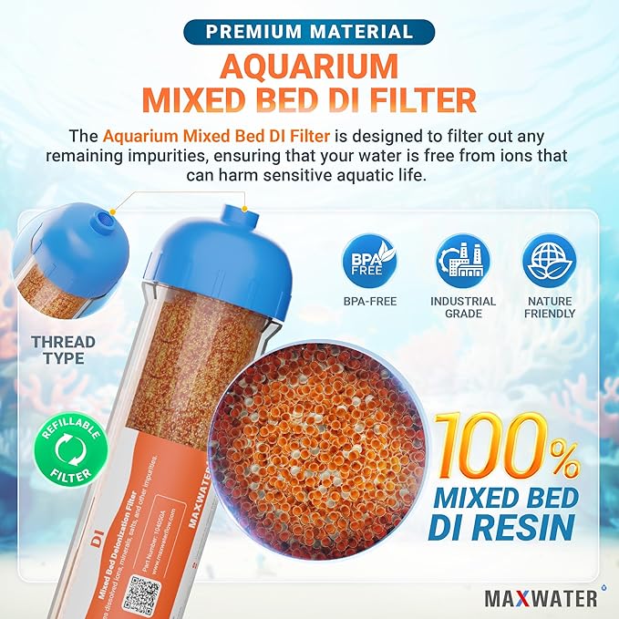 (2 Pack) Mixed Bed Ion Exchange Aquarium Filter Resin 0 PPM RO DI Refillable Housing w/Clamps & Fittings, Compatible with 10" Reverse Osmosis Water Filtration Systems, for High TDS in Water