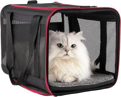 petisfam Top Loading Soft Pet Carrier Bag for Easy Vet Visits with Medium or Large Cats (Large, Black w/Red Trim)