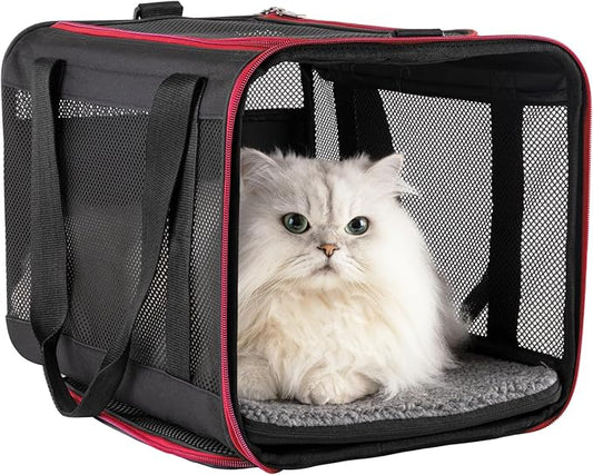 petisfam Top Loading Soft Pet Carrier Bag for Easy Vet Visits with Medium or Large Cats (Large, Black w/Red Trim)