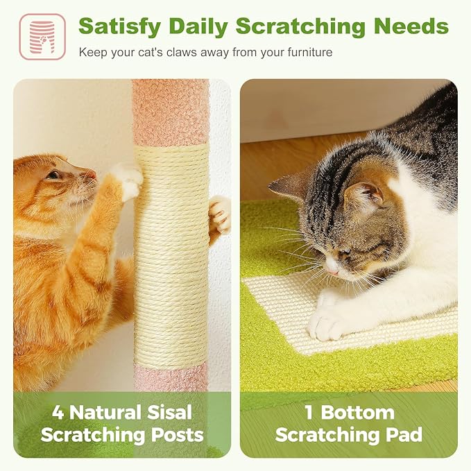 62" Flower Cat Tree for Indoor Cats, Multi-Level Cat Tower with 2 Spacious Condos, Dual Top Perches, Scratching Pad, 4 Scratching Posts, 2 Pompoms, Pink