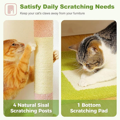 62" Flower Cat Tree for Indoor Cats, Multi-Level Cat Tower with 2 Spacious Condos, Dual Top Perches, Scratching Pad, 4 Scratching Posts, 2 Pompoms, Pink