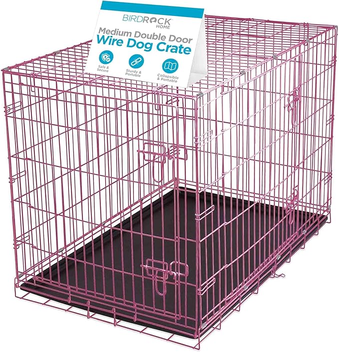 Internet's Best Wire Dog Crate for Dogs - Double Door Metal Steel Crate, Indoor Folding & Collapsible Cage, Secure & Durable, Portable Travel Kennel, Ideal for Home Use - Pink, 36 Inches
