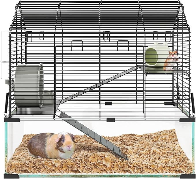 3 Tiers Large Hamster Cages, Metal Guinea Pig Cages Habitat with 4pcs Hamster Cages Accessories, Transparent Small Animal Habitat for Rodent, Guinea Pigs,Chinchilla, Amster, Hedgehog-Metal and Glass