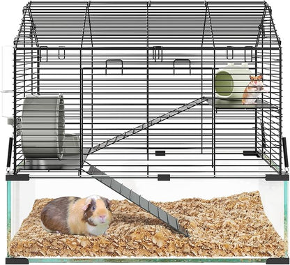 3 Tiers Large Hamster Cages, Metal Guinea Pig Cages Habitat with 4pcs Hamster Cages Accessories, Transparent Small Animal Habitat for Rodent, Guinea Pigs,Chinchilla, Amster, Hedgehog-Metal and Glass