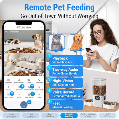 Automatic Cat Feeder with 2 Camera for 2 Cats: 5G WiFi Automatic Dog Feeder with Night Vision & Slow Feed, 7L Auto Cat Food Dispenser for Multiple Pet, Detachable for Easy Cleaning - 29 Cup