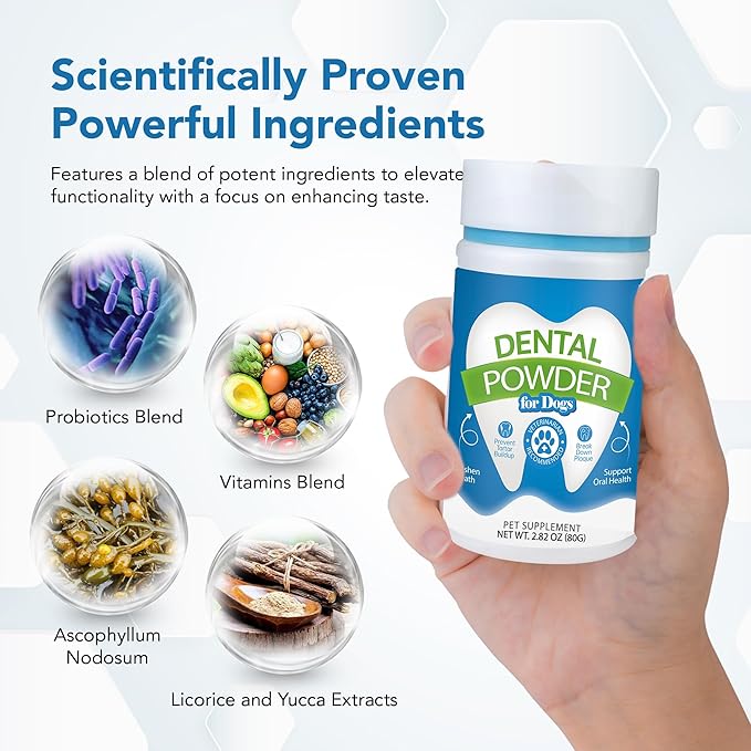 Dental Powder for Dogs - Plaque Control & Tartar Remover, Breath Freshener with Probiotics, Vitamins & Natural Extracts - Perio Support Powder for Dogs, 2.82 oz (80g)