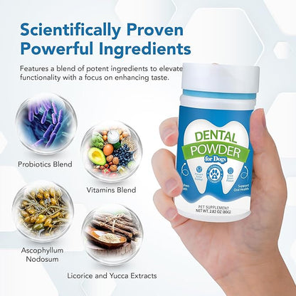 Dental Powder for Dogs - Plaque Control & Tartar Remover, Breath Freshener with Probiotics, Vitamins & Natural Extracts - Perio Support Powder for Dogs, 2.82 oz (80g)