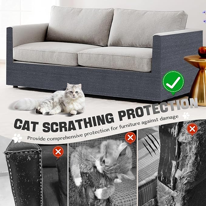 118"x15.8" Cat Scratch Couch Furniture Protector, Adhesive Cat Scratch Pad Deterrent for Furniture, Wall Corner Anit Scratcher Mat, DIY Climbing Cat Scratching Carpet Post Board Replacement (DarkGrey)
