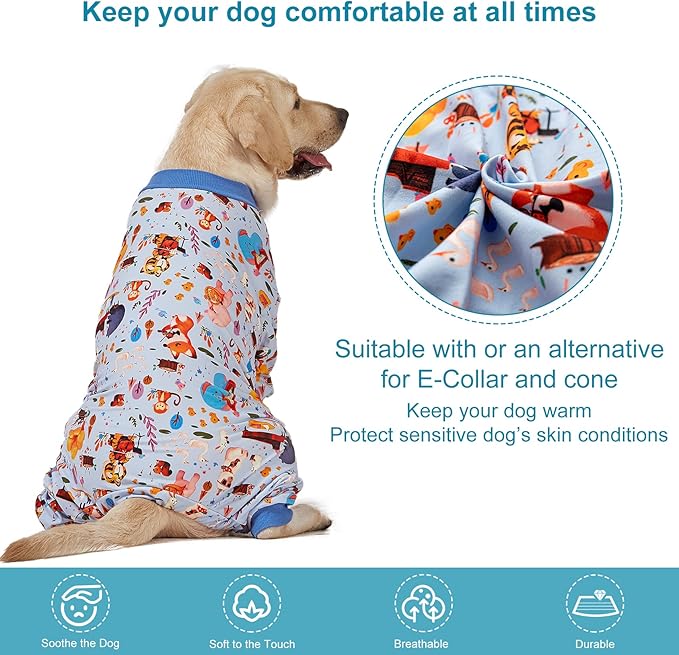 LovinPet Pajamas for Big Dogs, Pet Anxiety Relief, Sun Protection Dog Pajamas, Lightweight Stretchy Knit Fabric, Woodland Musicians Print, PJ's for Dogs, Stop Shedding for Dogs, Pet PJ's, L