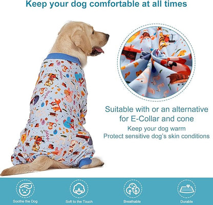 LovinPet Pajamas for Big Dogs, Pet Anxiety Relief, Sun Protection Dog Pajamas, Lightweight Stretchy Knit Fabric, Woodland Musicians Print, PJ's for Dogs, Stop Shedding for Dogs, Pet PJ's, L