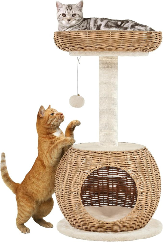 Yaheetech Cat Tree, 29.5in Rattan Cat Tower for Indoor Cats w/Scratching Post, Woven Cat Condo and Soft Cushion Top Perch, Aesthetic Cat Tree for Kittens
