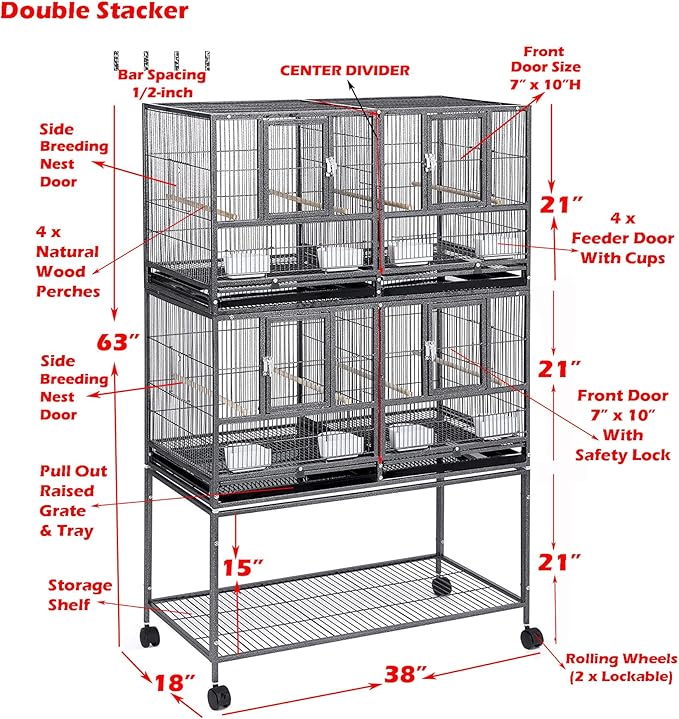 1/2/3-Combo Stacker Center Divided Breeder Breeding Bird Flight Double Rolling Cage Side Nesting Box Doors for Aviaries Canaries Cockatiels Lovebirds Finches Budgies Small Parrots
