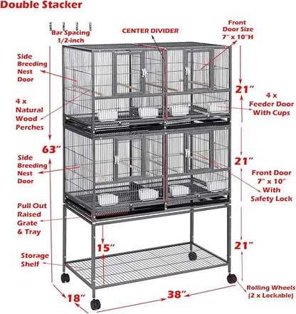 1/2/3-Combo Stacker Center Divided Breeder Breeding Bird Flight Double Rolling Cage Side Nesting Box Doors for Aviaries Canaries Cockatiels Lovebirds Finches Budgies Small Parrots