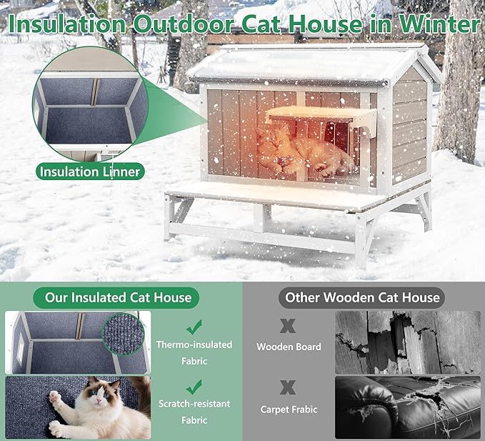 Insulated Cat House Weatherproof Outdoor Feral Cats Shelter Warm Home for Winter Indoor Cat Condo Elevated 8.3" Platform Balcony Waterproof Roof for1-3 Community Cats Small Pets