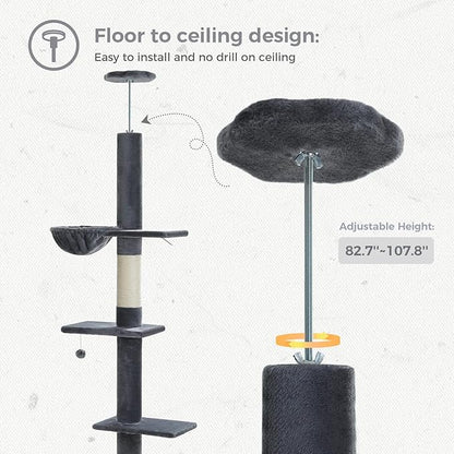 PETEPELA Floor to Ceiling Cat Tree[83"-108"], Cat Tower 5 Levels, Height Adjustable, Cat Scratching Post with Top Perches and Spacious Condo for Large Indoor Cats, Dark Grey