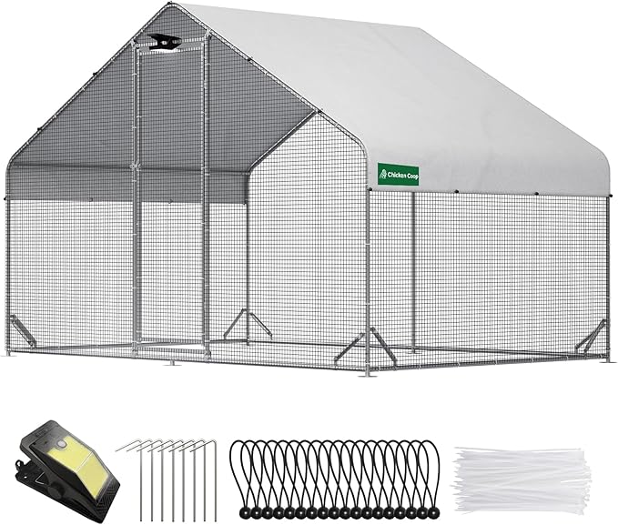 Large Walk-in Metal Chicken Coop with Chicken Run & Hardware Cloth, Solar Light, Waterproof & UV-Resistant Cover, Outdoor Poultry Cage for Farm Use