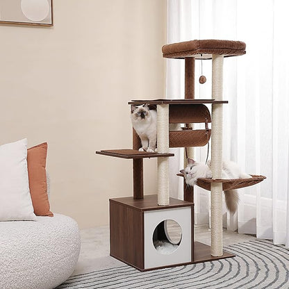 PEQULTI 51.4 Inches Modern Cat Tree Premium 6 Levels Wooden Cat Tower with Fully Sisal Covered Scratching Posts, Cozy Condo, Spacious Perch, Super Large Hammock and Swing Tunnel for Indoor Cats Brown