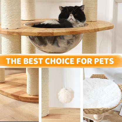Large Cat Tree for Multiple Cats - Natural Wood Cat Tower with Extra Thick Scratching Posts, Modern Cat House & Condo | Unique Flower Perch Design, Sturdy Cat Furniture Supplies (61+in)