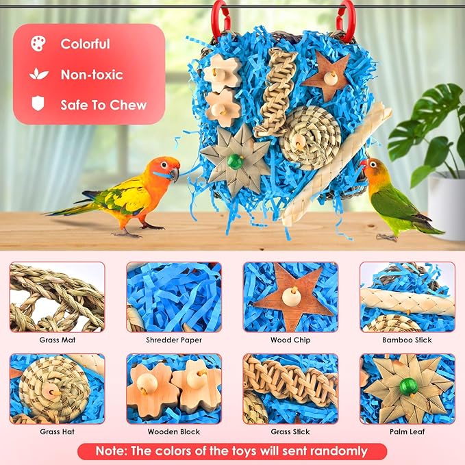 KATUMO Conure Toys, Bird Foraging Toys Parakeet Shredding Grass Mat Hanging Toys for Cockatiel Conure Lovebird Parakeet Bird Cage Accessories