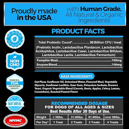 Pet Chef Cannine Probiotics: Fixes Smelly Breath, Runny Eyes, Paw Licking. Probiotics & Prebiotics for Dog Digestion Gut Health. Dog Anal Gland repair-30 Billion cfu Strong-All Ages. No Chemicals