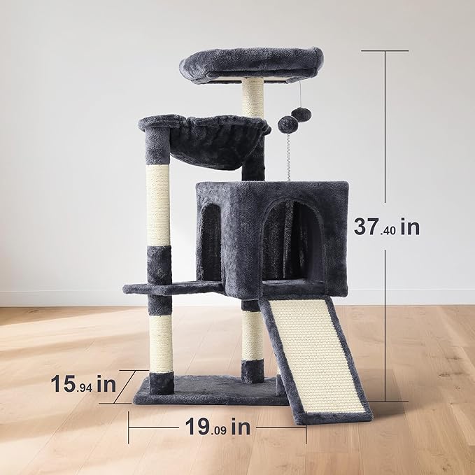 37-inch Cat Tree Tower with Multi-Level Cat Condo, Scratching Posts,2-Door Cat Cave,Grey