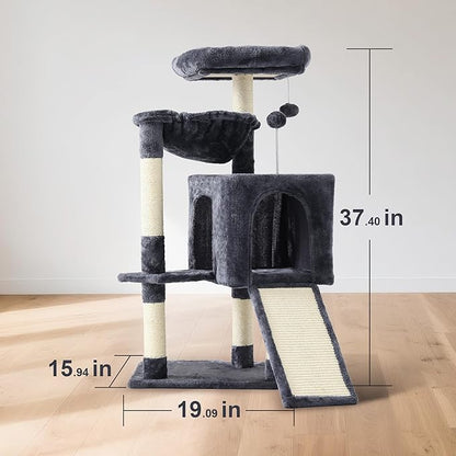 37-inch Cat Tree Tower with Multi-Level Cat Condo, Scratching Posts,2-Door Cat Cave,Grey